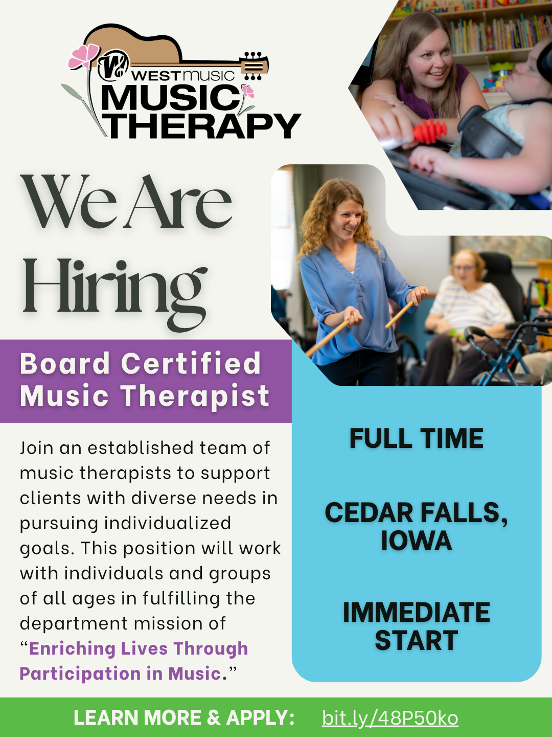 Join an established team of music therapists to support clients with diverse needs in pursuing individualized goals. This position will work with individuals and groups of all ages in fulfilling the department mission of “Enriching Lives Through Participation in Music.” bit.ly/48P50ko